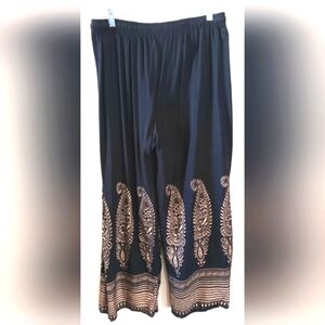 Boho Hippie Wide Leg Pants Funky Artsy L XL Black Gold